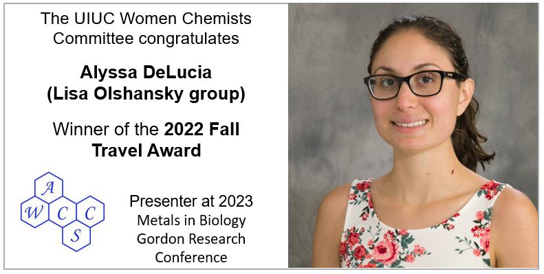 Slide with text announcing Alyssa DeLucia as the 2022 Fall Travel Award winner with a head shot of DeLucia.